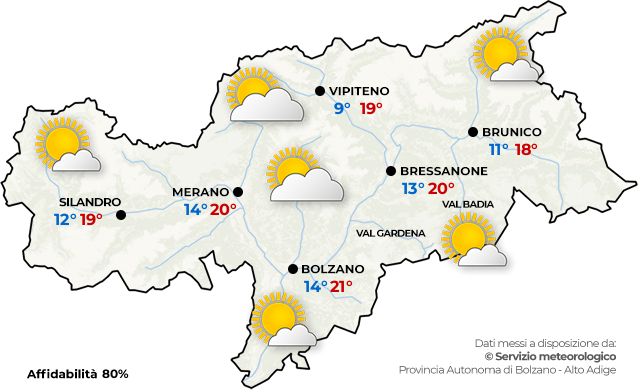 Previsioni meteo Alto Adige oggi